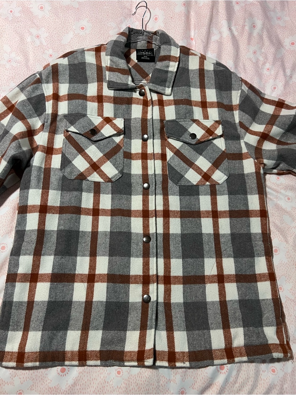 HFX Women's Relaxed Fit Plaid Flannel Shirt Jacket Shacket Brown Gray White Med